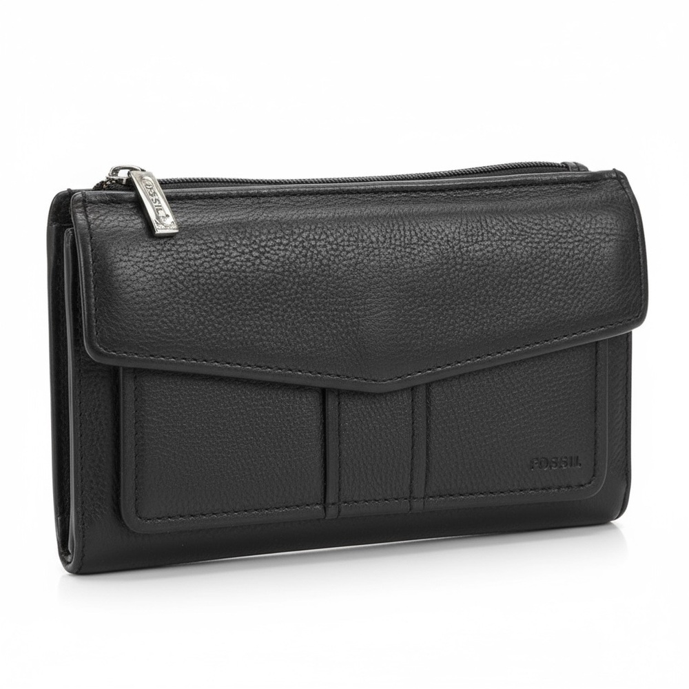 Vintage FOSSIL Trifold Wallet Cardholder Change Purse Black Pebble Leather Large
